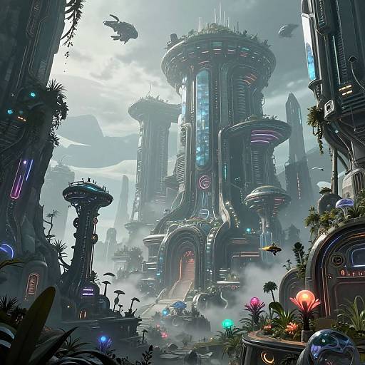 Digital sci-fi art depicting a futuristic cityscape with towering, neon-lit, cylindrical skyscrapers surrounded by lush, alien plants and flying creatures.