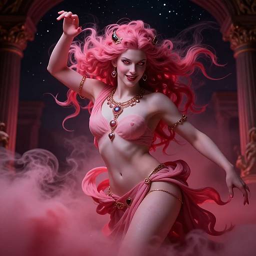 Digital painting of a pink-haired, topless demon woman with glowing eyes, gold jewelry, and a pink skirt, dancing amid smoke in a starry