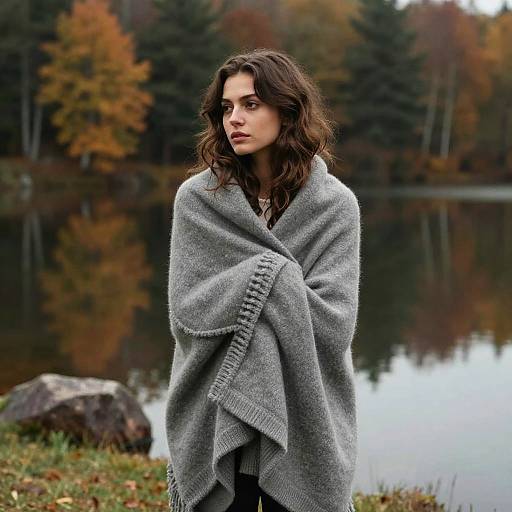 Woman Wrapped in Gray Blanket by Autumn Lake