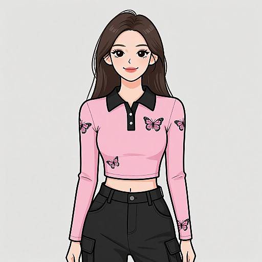 Digital anime-style drawing of a smiling woman with long brown hair, pink butterfly-patterned crop top, black high-waisted pants, white background.