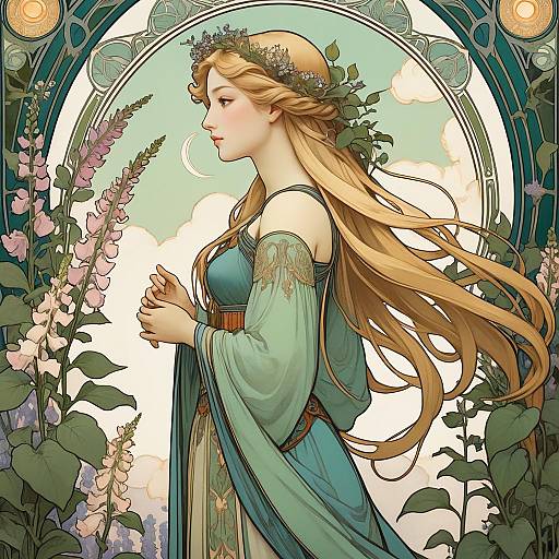 Art Nouveau Woman in Garden with Foxgloves