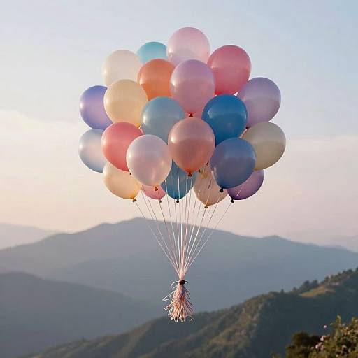 Photograph of a colorful balloon bouquet (pink, blue, white, orange) floating above rolling hills under a clear, pastel sky.