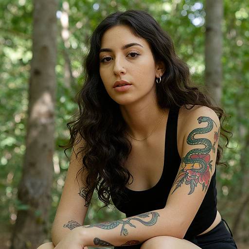 Photograph of a young woman with long, wavy black hair, wearing a black tank top, showcasing snake and floral tattoos on her arms, sitting