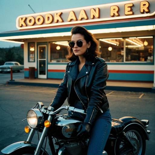 Vintage Motorcyclist Woman by Diner at Dusk