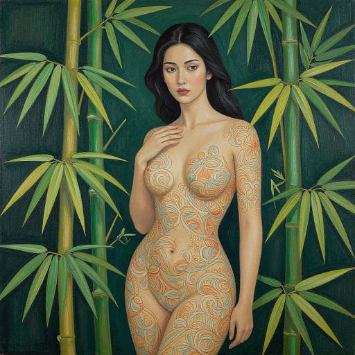 Digital painting of a nude, dark-haired woman with intricate orange and teal tattoos, standing amidst green bamboo leaves against a dark background.