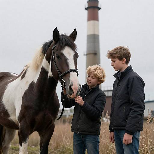 Two Boys with Black and White Horse Near Industrial Smokestack