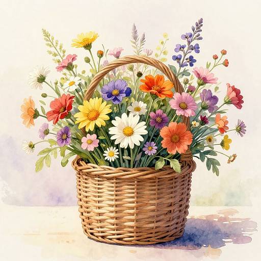 Watercolor illustration of a wicker basket filled with vibrant, colorful flowers including daisies, zinnias, and wildflowers, set against a