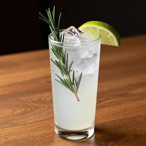 Photograph of a clear glass cocktail with ice, rosemary sprig, and lime wedge, on a wooden table against a black background.