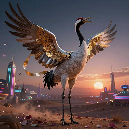 Gilded Crane on Neon Desert Ridge