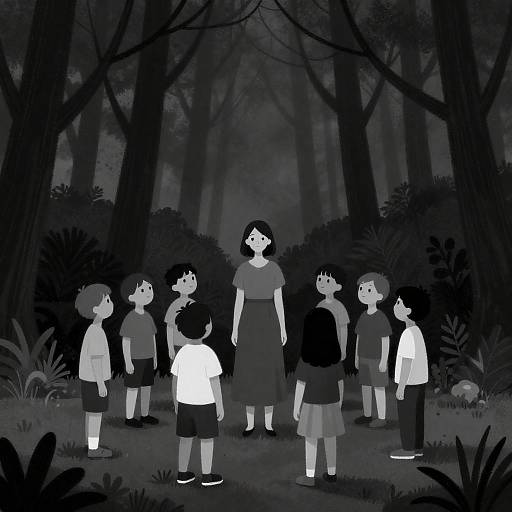 Children and Woman in Dark Forest Illustration