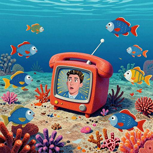 Cartoon-style underwater scene with a red retro TV showing a shocked man, surrounded by colorful fish and vibrant coral reefs.