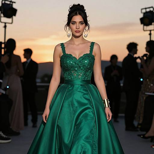Photograph of a confident woman with dark hair in an updo, wearing an emerald green, lace-embellished, full-skirted