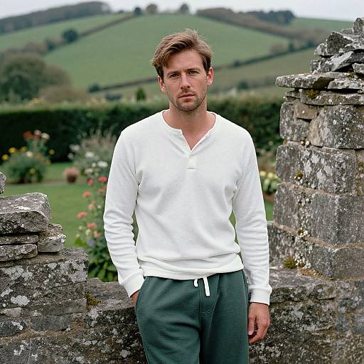 Photograph of a handsome, bearded man with light brown hair, wearing a white long-sleeve shirt and gray pants, standing against rustic stone