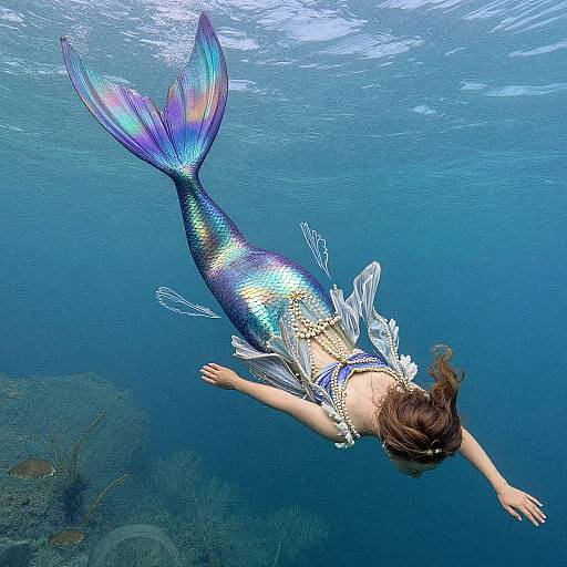 Photograph of a mermaid with iridescent blue and purple scales, white frilled top, and brown hair, swimming underwater.