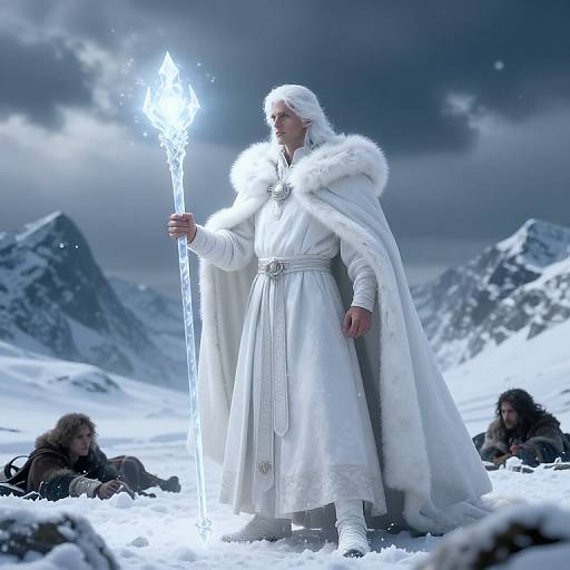 Photorealistic CGI of a white-robed, fur-cloaked mage holding a glowing ice staff, standing in a snowy mountain landscape with two h