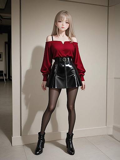 Woman in Burgundy Off-Shoulder Top and Black Leather Skirt