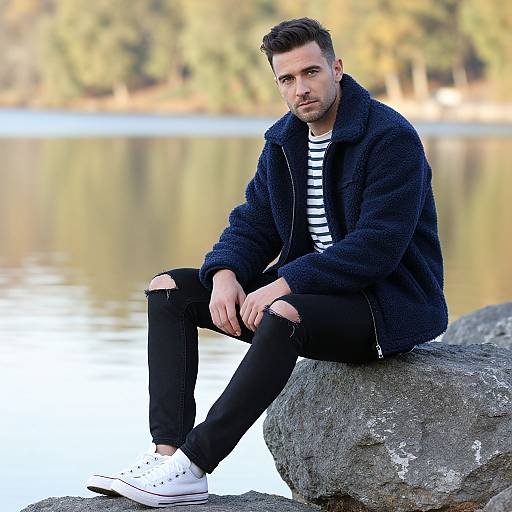 Photograph of a handsome, dark-haired man in a navy fleece, black ripped jeans, and white sneakers, sitting on a rock by a serene lake