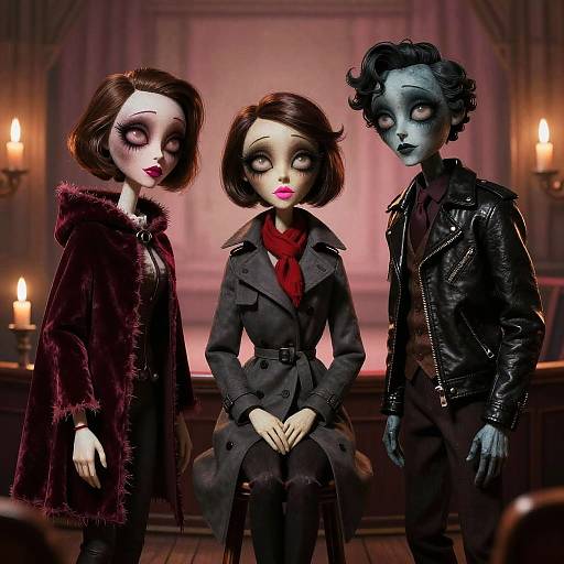Digital art of three gothic dolls: one in a purple fur coat, one seated in a black coat, and one in a black leather jacket,