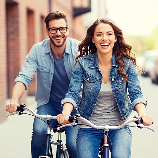 Photograph of a smiling couple riding bicycles on a sunny urban street; woman with long brown hair, denim jacket, and gray shirt, man with brown