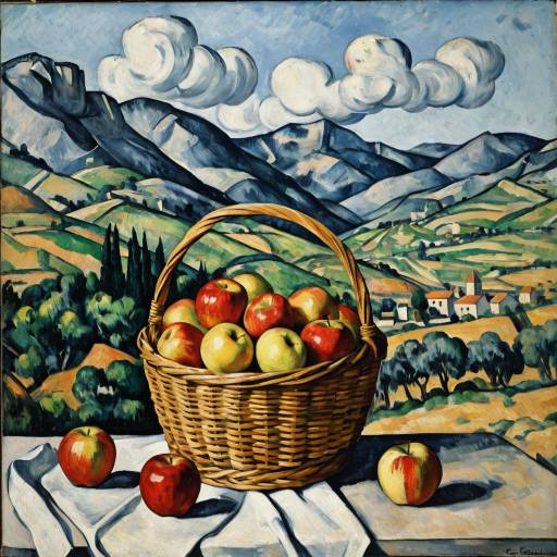Paul Cézanne Inspired Basket of Apples with Mountain Landscape