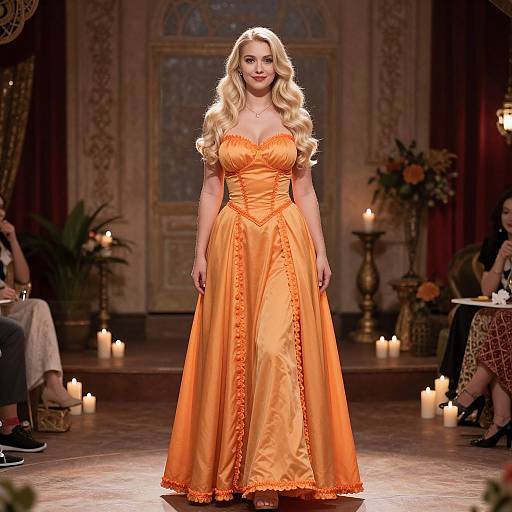 Blonde woman with curly hair in a vivid orange, strapless, satin gown walks a candlelit runway in an ornate, vintage-style room.