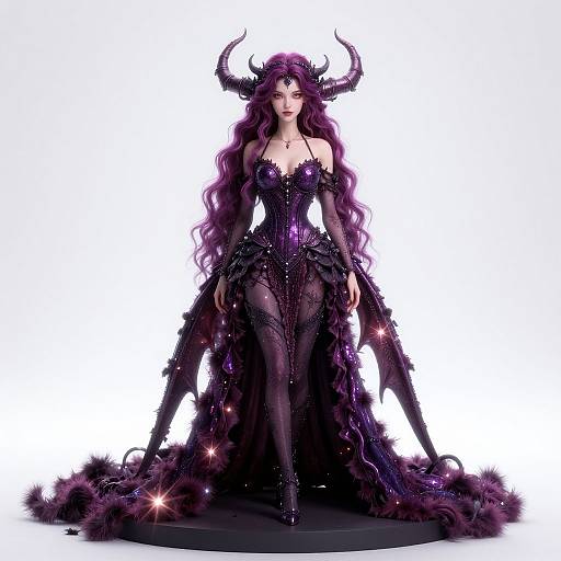 Digital artwork of a stunning, purple-haired, demon-like woman with black horns, wearing a sparkling, black, sheer gown with fur trim, standing confidently