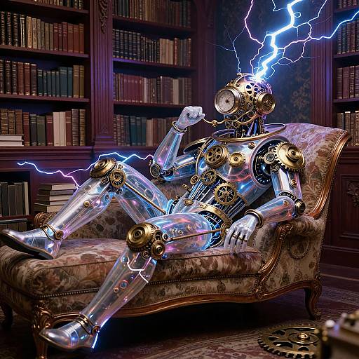 Photorealistic CGI of a metallic robot with glowing blue lightning, seated on an ornate floral-patterned Victorian sofa in a dimly lit, wooden