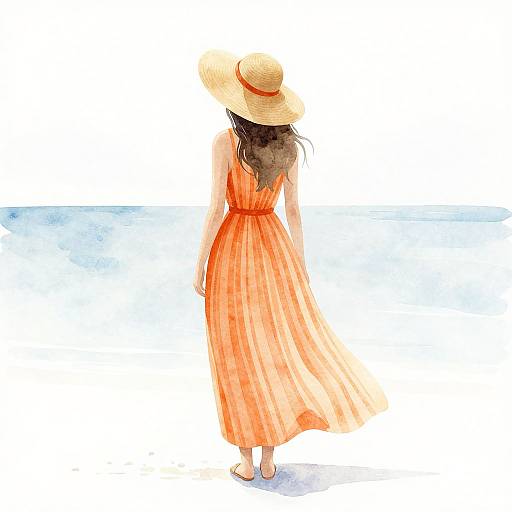 Watercolor-style illustration of a woman in an orange sundress and straw hat, standing barefoot by the ocean, back to the viewer.