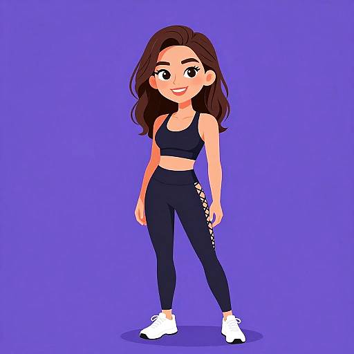 Cartoon-style digital illustration of a smiling young woman with brown hair, wearing a black sports bra, black leggings with white lace details, and white sneakers