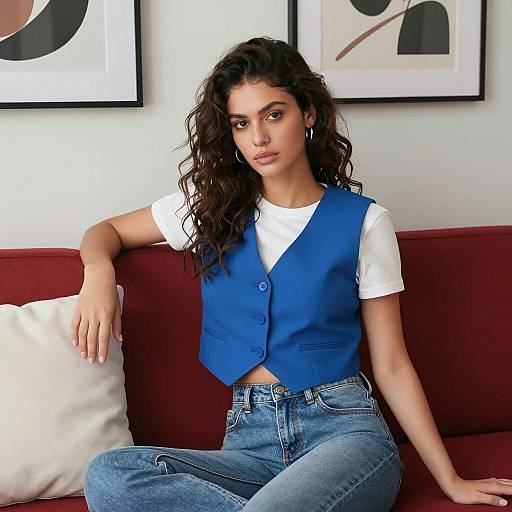 Stylish Young Woman on Red Sofa