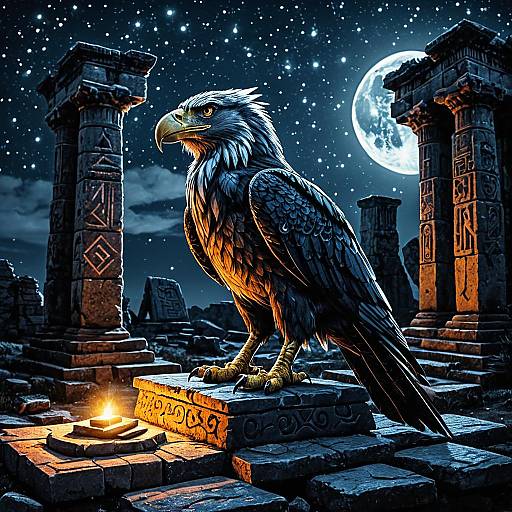 Griffin Perched on Ancient Ruins at Night