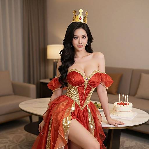 Photograph of a fair-skinned woman with long black hair, wearing a red and gold off-shoulder princess dress, crown, and seated beside