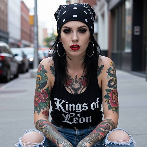 Tattooed punk woman with black polka dot bandana, red lipstick, black tank top, 