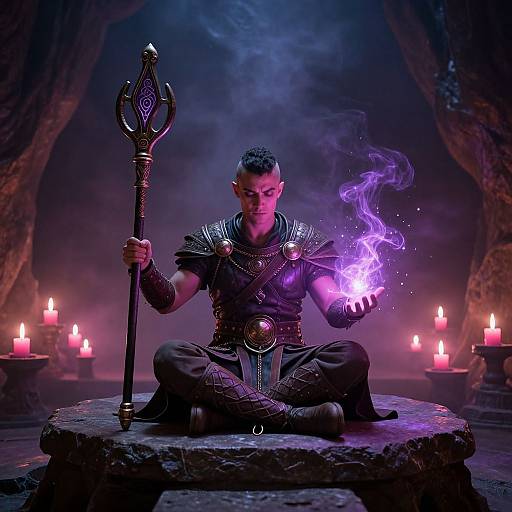 Photograph of a muscular man in dark, metallic armor, sitting cross-legged on a stone platform, conjuring purple fire while holding a trident,