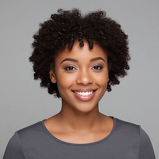 Photograph of a smiling African-American woman with natural curly black hair, wearing a dark blue shirt, against a plain gray background.