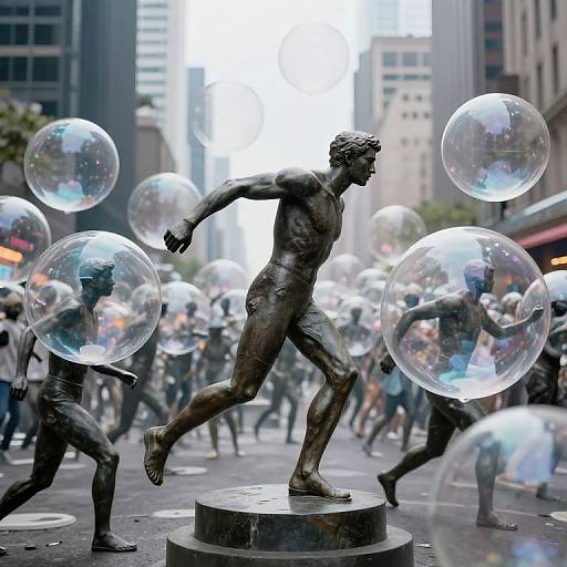 Bronze statue of a dynamic, muscular man running through a city street surrounded by large, iridescent bubble sculptures in a bustling urban parade. Photograph
