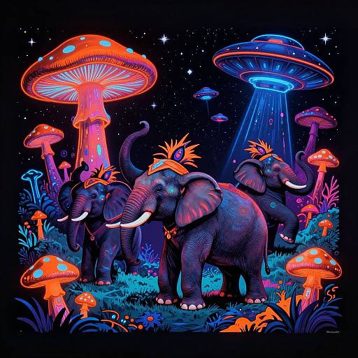 Vibrant digital artwork of glowing, neon-colored elephants in a surreal, mushroom-filled forest under a starry night sky with UFOs.