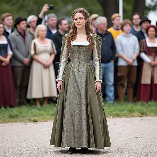 Photograph of a young woman with long brown hair in a green, Renaissance-style gown with silver sleeves, standing on a gravel path, with a blurred