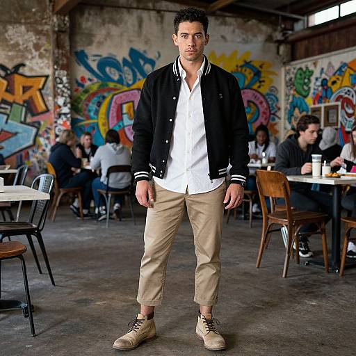 Photograph of a young man with short dark hair, wearing a black varsity jacket, white shirt, beige pants, and tan boots, standing in
