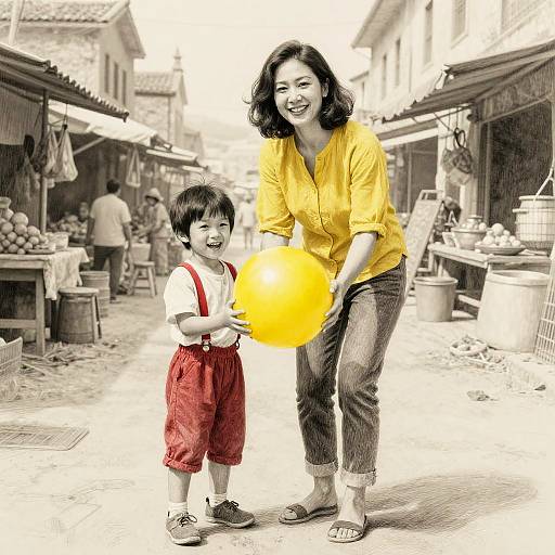 Photograph of smiling Asian woman in yellow shirt and pants holding yellow balloon, standing with smiling Asian boy in red overalls in a bustling outdoor market.