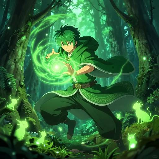 Anime-style digital drawing of a green-haired mage in a dark forest, casting glowing green magic, surrounded by luminescent green fireflies.