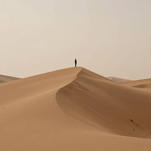 Photograph of a lone figure standing at the peak of a vast, rippled desert sand dune under a bright, clear sky.
