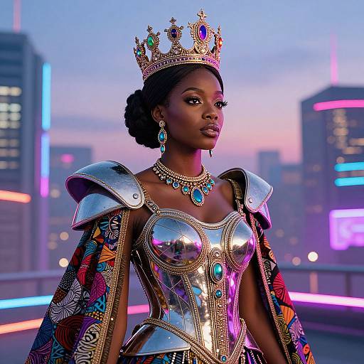 Digital artwork of a regal Black woman with a crown, metallic armor, colorful cape, and jewels, standing on a city rooftop at sunset. Neon