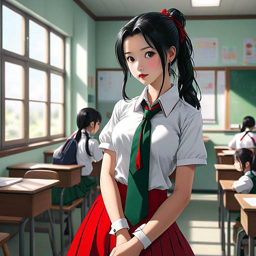 Anime-style digital artwork of a cute, fair-skinned Asian schoolgirl with black hair in a ponytail, wearing a white shirt, green tie,