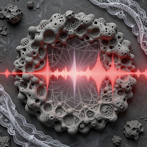 Digital artwork: Red electrocardiogram lines intersect white lace patterns on a gray, cratered, alien-like surface, creating a futuristic, sci-fi
