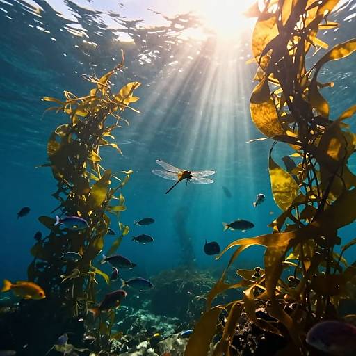 Sunlit underwater photograph of a translucent dragonfly with delicate wings, surrounded by golden seaweed and small blue fish, bathed in sunlight rays filtering through