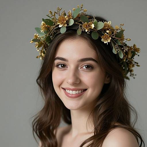 Photograph of a smiling young woman with fair skin, dark brown wavy hair, and brown eyes, wearing a floral crown with gold accents and green