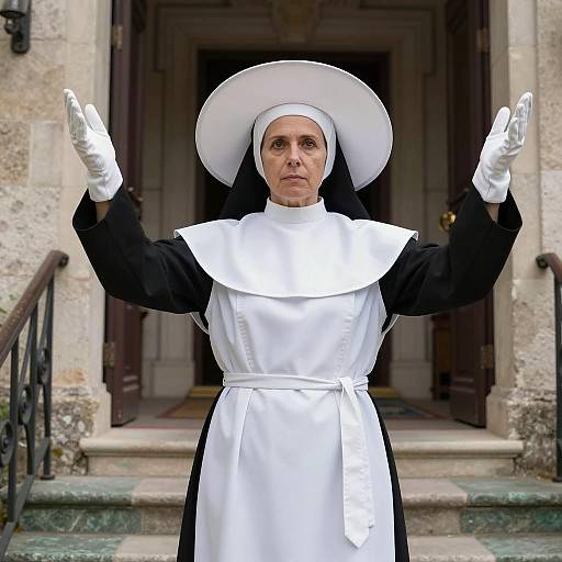 Nun in Traditional White Habit with Raised Arms