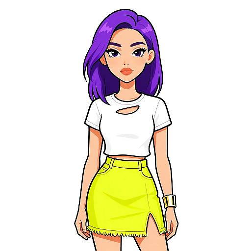 Digital anime-style illustration of a purple-haired woman with fair skin, wearing a white crop top and yellow high-waisted skirt with a side slit,