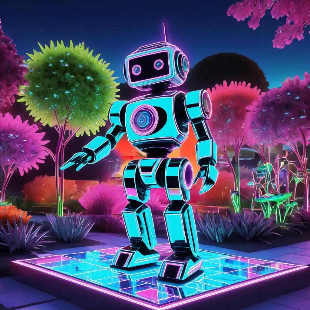 Curious Robot in Neon Garden